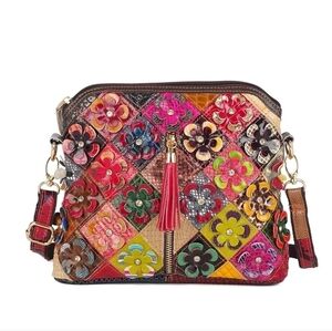 Multicolor floral decorated snake print leather Mosaic fashion bag